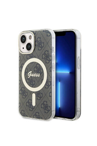 iPhone 15 Uyumlu Kılıf Guess Lisanslı Magsafe Şarj Özellikli Yazı Logolu 4G Desen Kahverengi