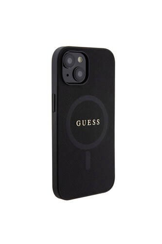 iPhone 15 Uyumlu Kılıf Guess Lisanslı Magsafe Şarj Özellikli Yazı Logo Saffiano Kapak Siyah