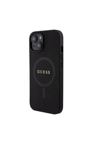 iPhone 15 Uyumlu Kılıf Guess Lisanslı Magsafe Şarj Özellikli Yazı Logo Saffiano Kapak Siyah