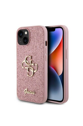 iPhone 15 Plus Uyumlu Kılıf Guess Lisanslı 4G Büyük Metal Logolu Glitter Kapak Pembe