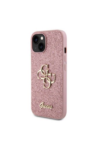 iPhone 15 Plus Uyumlu Kılıf Guess Lisanslı 4G Büyük Metal Logolu Glitter Kapak Pembe