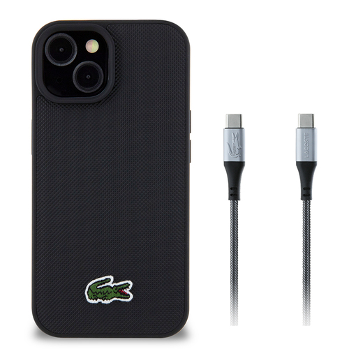 Apple iPhone 15 Kılıf Lacoste Orjinal Lisanslı PU Pike Desenli Arka Yüzey İkonik Timsah Dokuma Logolu Kapak + Type-C Kablo 1.5m