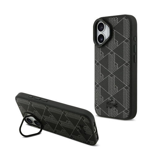 Apple iPhone 17 Kılıf Lacoste Orjinal Lisanslı M-safe Şarj Özellikli Standlı PU Deri Karışık Monogram Desenli Kapak