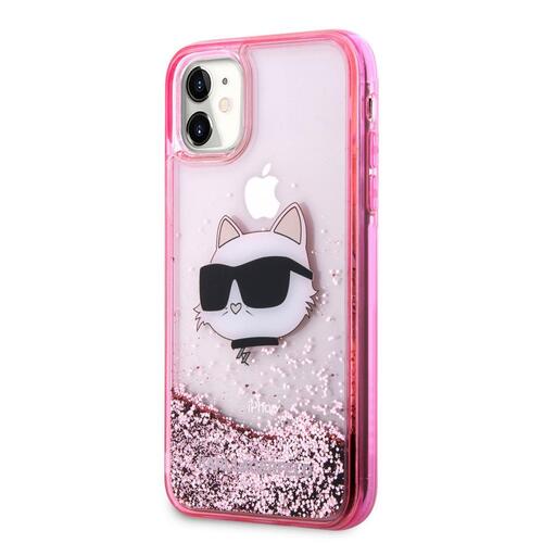 Apple iPhone 11 Kılıf Karl Lagerfeld Sıvılı Simli Choupette Head Dizayn Kapak