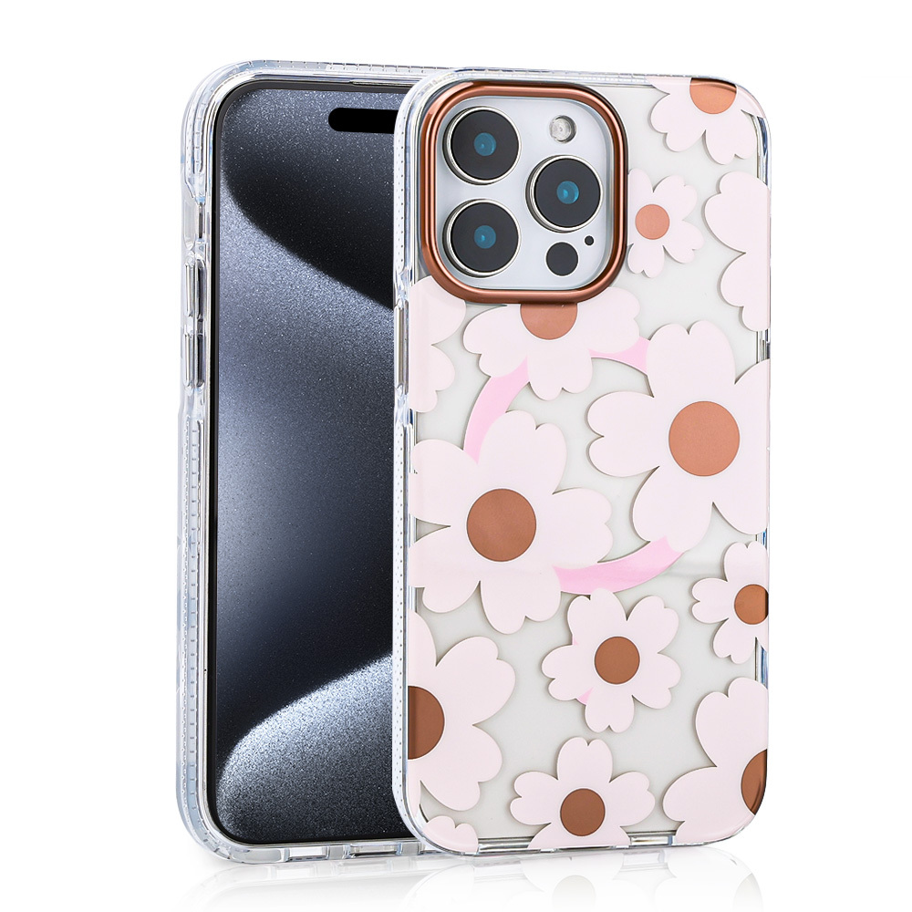 iPhone 15 Pro Max Kılıf Magsafe Şarj Özellikli Papatya Desenli Kapak