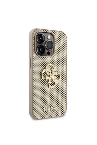 iPhone 15 Pro Uyumlu Kılıf Lisanslı Delikli Yazı ve 4G Glitter Büyük Metal Logo Gold