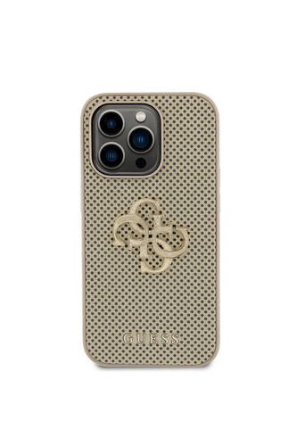 iPhone 15 Pro Uyumlu Kılıf Lisanslı Delikli Yazı ve 4G Glitter Büyük Metal Logo Gold