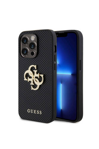 iPhone 14 Pro Max Uyumlu  Kılıf Guess Lisanslı Delikli Yazı ve 4G Glitter Büyük Metal Logolu Siyah