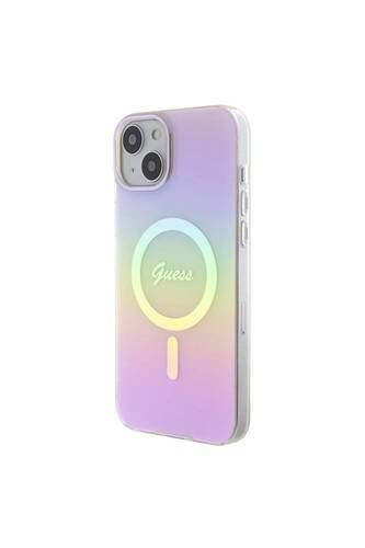 iPhone 15 Plus Uyumlu Kılıf Guess Lisanslı Magsafe Şarj Özellik Yazı Logolu Iridescent Pembe