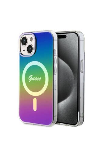 iPhone 15 Plus Uyumlu Kılıf Guess Lisanslı Magsafe Şarj Özellik Yazı Logolu Iridescent Siyah