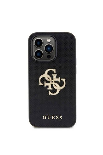 iPhone 15 Pro Uyumlu Kılıf Guess Lisanslı Delikli Yazı ve 4G Glitter Büyük Metal Logo Siyah