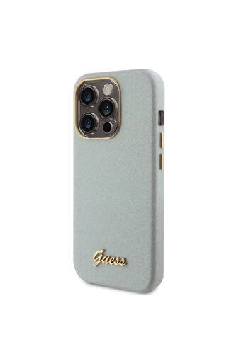 iPhone 15 Pro Max Uyumlu Kılıf Guess Lisanslı Yazı Logolu Glitter Glossy Script Kapak Gri