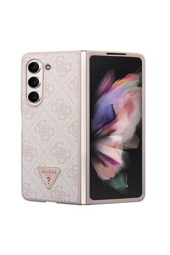 Galaxy Z Fold 5 Uyumlu Kılıf Guess Lisanslı PU Deri Taşlı Üçgen Logo 4G Desenli Strass Pembe