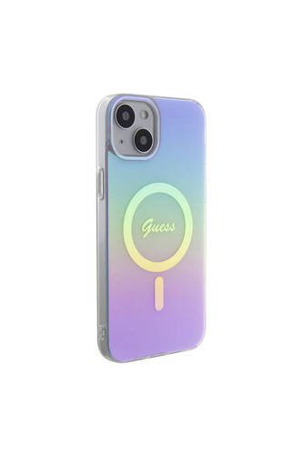 iPhone 15 Uyumlu Kılıf Guess Lisanslı Magsafe Şarj Özellik Yazı Logolu Iridescent Kapak Mor