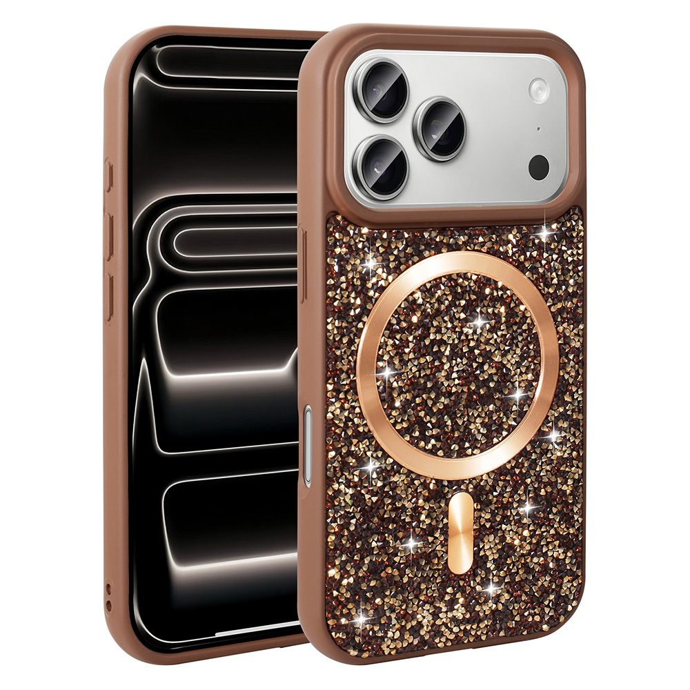 iPhone 17 Pro Max Kılıf Pırlanta Taşlı Tasarımlı Magsafe Şarj Özellikli Mozaik Silikon Kapak