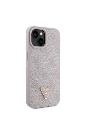 iPhone 15 Uyumlu Kılıf Guess Lisanslı PU Deri Taşlı Üçgen Logo 4G Desenli Strass Kapak Pembe