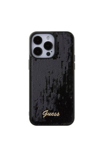 iPhone 15 Pro Max Uyumlu Kılıf Guess Lisans Pullu Arka Yüzey Metal Yazı Logolu Sequin Script Siyah