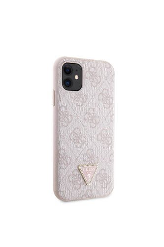 iPhone 11 Uyumlu Kılıf Guess Lisanslı PU Deri Taşlı Üçgen Logo 4G Desenli Kapak Pembe