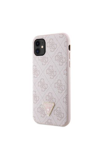 iPhone 11 Uyumlu Kılıf Guess Lisanslı PU Deri Taşlı Üçgen Logo 4G Desenli Kapak Pembe