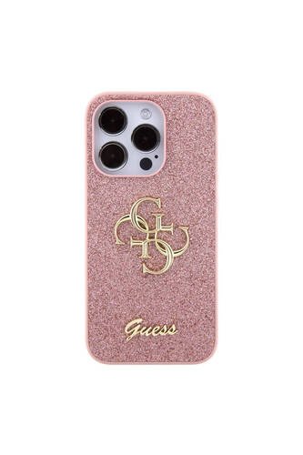 iPhone 15 Pro Uyumlu Kılıf Guess Lisanslı 4G Büyük Metal Logolu Glitter Kapak Pembe