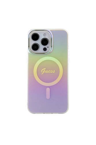 iPhone 15 Pro Max Uyumlu Kılıf  Lisans Magsafe Şarj Özellik Yazı Logo Iridescent Pembe