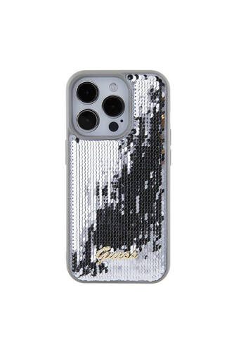 iPhone 15 Pro Uyumlu Kılıf Guess Lisanslı Pullu Arka Yüzey Metal Yazı Logolu Sequin Script Gümüş