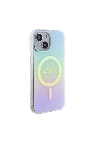 iPhone 15 Plus Uyumlu Kılıf Guess Lisanslı Magsafe Şarj Özellik Yazı Logo Iridescent Turkuaz