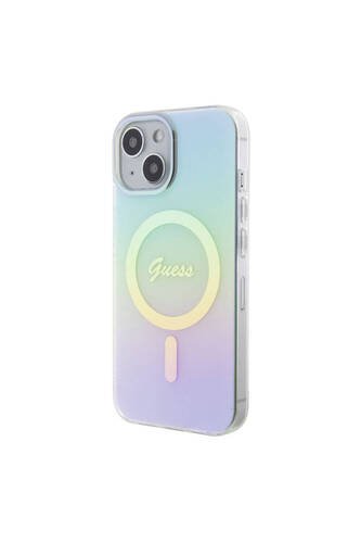 iPhone 15 Plus Uyumlu Kılıf Guess Lisanslı Magsafe Şarj Özellik Yazı Logo Iridescent Turkuaz