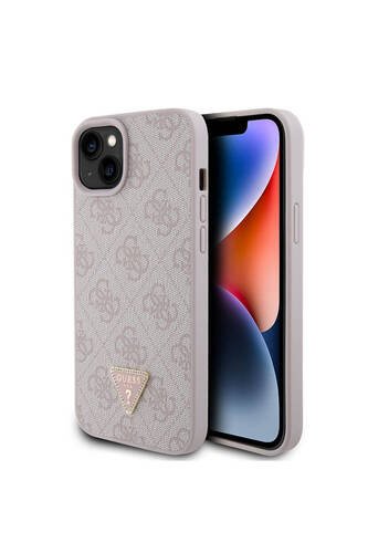 iPhone 15 Plus Uyumlu Kılıf Guess Lisanslı PU Deri Taşlı Üçgen Logo 4G Desenli Kapak Pembe