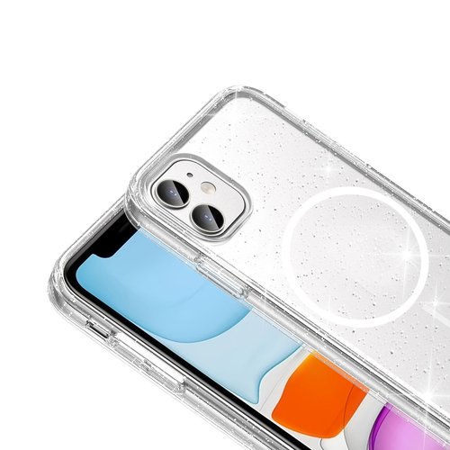 iPhone 11 Kılıf Magsafe Şarj Özellikli Parlayan Simli Şeffaf Glowing Glittery Transparent Kapak
