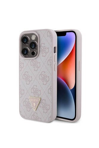 iPhone 15 Pro Uyumlu Kılıf Guess Lisanslı PU Deri Taşlı Üçgen Logo 4G Desenli Strass Pembe