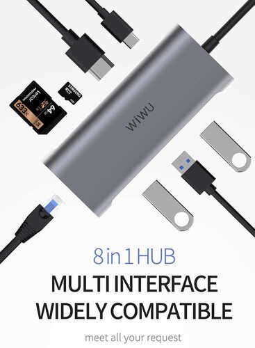 Wiwu Alpha 8 In 1 3-USB 3.0 1-HDMI 1-RJ45 1-TYPE-C Type-C Hub