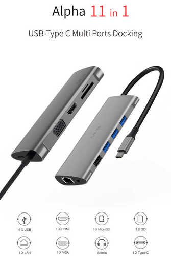 Wiwu Alpha 11 in 1 4 USB 3.0 1 DHMI 1 VGA 1 RJ45 Type-C 11 in 1 Hub