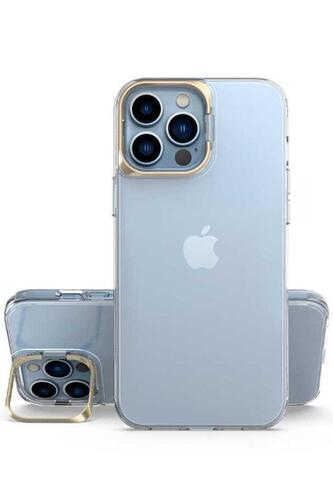 Apple iPhone 14 Pro Max Kılıf Renkli Kamera Lens Stand Olan Lüx Şeffaf Kapak