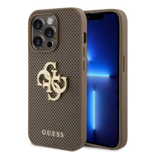 iPhone 15 Pro Uyumlu Kılıf Guess Orjinal Lisanslı Delikli 4G Glitter Büyük Metal Logolu Kahverengi