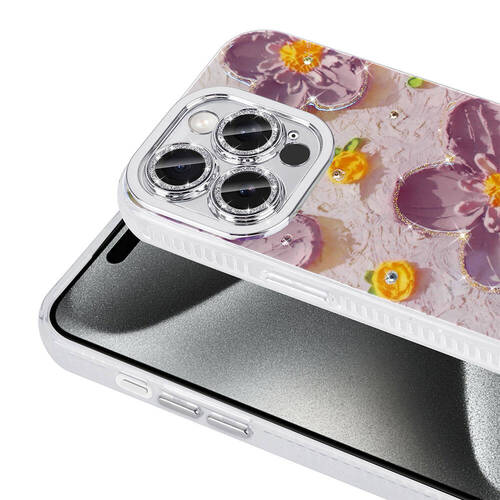 iPhone 15 Pro Max Kılıf Çiçek Desenli Parlak Taşlı Sert Silikon Kapak