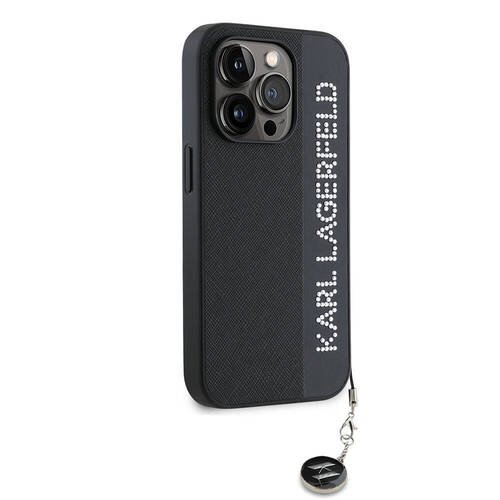 Apple iPhone 14 Pro Max Kılıf Karl Lagerfeld Orjinal Lisanslı Anahtarlıklı Taşlı KL Yazılı Saffiano Rhinestones Kapak