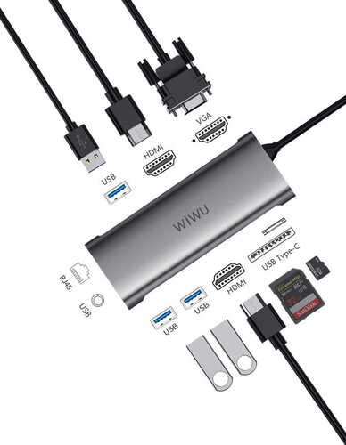 Wiwu Alpha 11312H  11 in 1 3-USB 3.0 2-HDMI 1-RJ45 VGA Type-C Hub