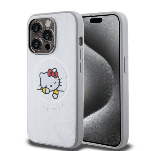 iPhone 15 Pro Kılıf Hello Kitty Orj Lisanslı Magsafe Özellikli Baskı Logolu Uyuyan Kitty Deri Gümüş