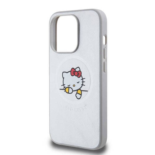 iPhone 15 Pro Kılıf Hello Kitty Orj Lisanslı Magsafe Özellikli Baskı Logolu Uyuyan Kitty Deri Gümüş