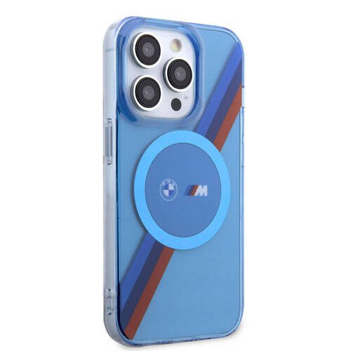 iPhone 14 Pro Max Uyumlu Kılıf BMW Magsafe Şarj Transparan Tricolor Stripes Orjinal Lisanslı Mavi