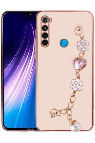 Xiaomi Redmi Note 8 Kılıf Kalpli Çiçekli Bileklik Zincirli Kamera Korumalı Kenarları Gold Renk. Silikon