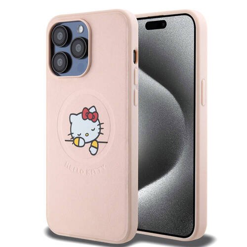 iPhone 15 Pro Max Kılıf Hello Kitty Orj Lisans Magsafe Özellik Baskı Logolu Uyuyan Kitty Deri Pembe