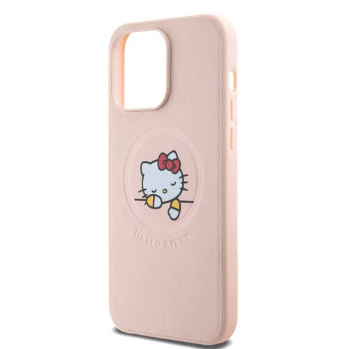 iPhone 15 Pro Max Kılıf Hello Kitty Orj Lisans Magsafe Özellik Baskı Logolu Uyuyan Kitty Deri Pembe