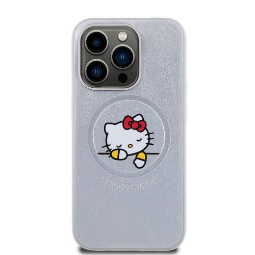 iPhone 15 Pro Max Kılıf Hello Kitty Orj Lisans Magsafe Özellikli Baskı Logo Uyuyan Kitty Deri Gümüş