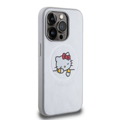 iPhone 15 Pro Max Kılıf Hello Kitty Orj Lisans Magsafe Özellikli Baskı Logo Uyuyan Kitty Deri Gümüş