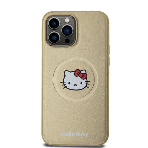 iPhone 15 Pro Max Uyumlu Kılıf Hello Kitty Orj Lisanslı Magsafe Şarj Özellikli Kitty Head Deri Gold