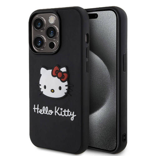 iPhone 15 Pro Max Uyumlu Kılıf Hello Kitty Orjinal Lisanslı İkonik Logolu 3D Rubber Kitty Head Siyah