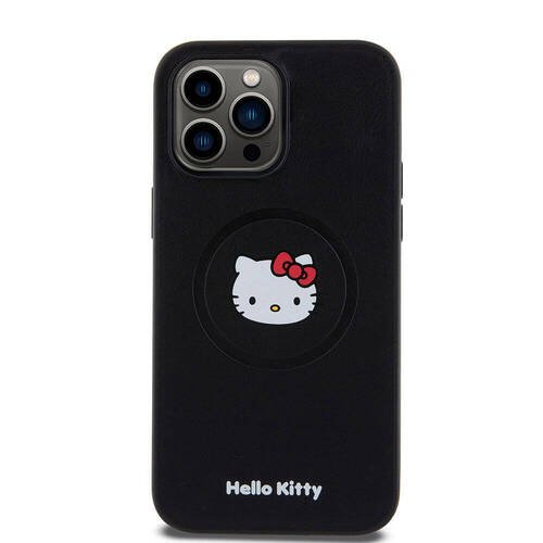 iPhone 15 Pro Max Uyumlu Kılıf Hello Kitty Orjinal Lisanslı Magsafe Özellikli Kitty Head Deri Siyah