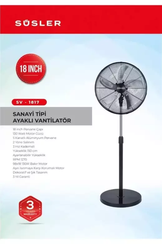 SÜSLER SV-1817 SANAYİ TİPİ VANTİLATÖR